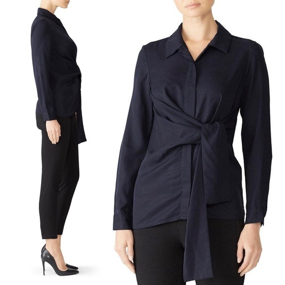 Navy Long Sleeve Button Front Tie Waist Tencel Crepe Collared Slim Fit Blouse XS - Picture 2 of 7